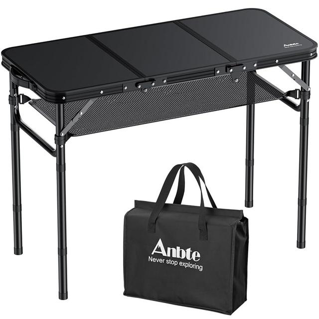 Anbte Folding Camping Table with Storage Net, 3ft Camping Table Aluminum Folding Table with 3 Adjustable Height Max 27.1 Inch Picnic Table Portable Table for Outdoor Backyard BBQ, Pure Black