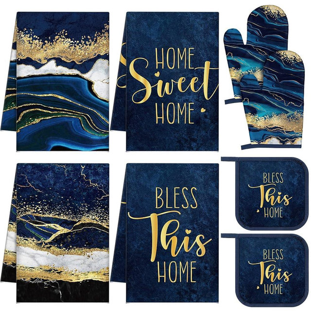 Leinuosen 8 Pcs Marble Themed Kitchen Towels and Dishcloths Sets Oven Mitts and Pot Holders Sets Absorbent Kitchen Gloves Potholders Heat Resistant for Chef Baking Cooking(Blue)