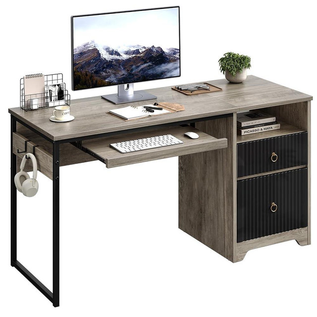 Bestier 55 Inch Computer Desk with Keyboard Tray, Modern Office Desk with Storage, Wood Writing Desk with File Drawer, Fluted Panel & 2 Hooks for Home Office & Studio, Grey