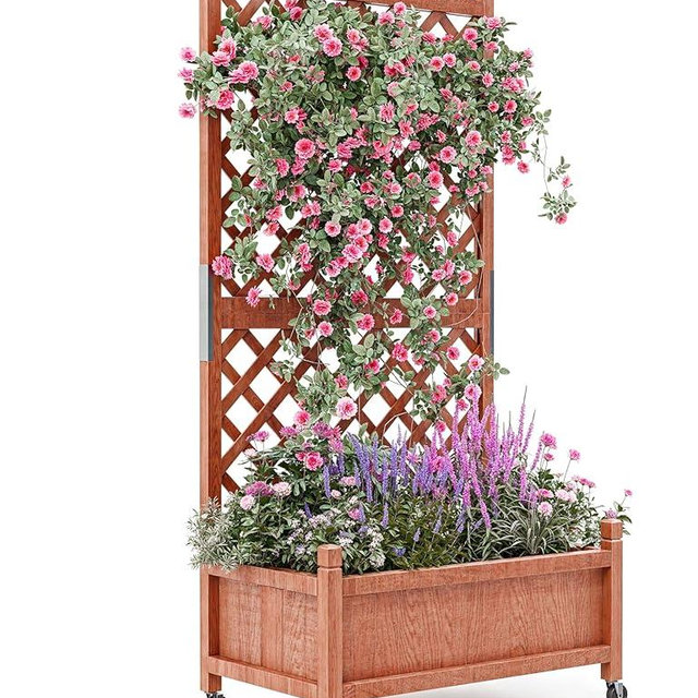 29.5" x 13"x 61.5" Wood Planter Box With Trellis For Plant & Flower, Raised Garden Bed With Wheels, Standing Vertical Horticulture Trellis Planter With Drainage Holes for Patio Garden, 1PC