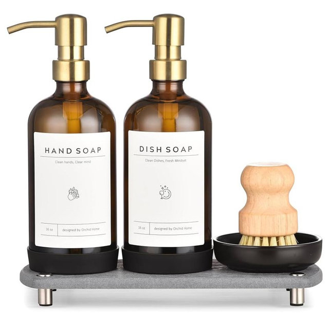 [Luxury] Kitchen Soap Dispenser Set - 16OZ Amber Glass Bottle, Stainless Steel Pump, Instant Dry Tray, Waterproof Labels, Non-Slip Silicone Pad, and Dish Brush | Upgrade for Your Kitchen and Bathroom