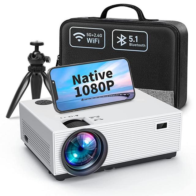 4K Projector with 5G WiFi and Bluetooth, Acrojoy 450 ANSI Native 1080P Mini Projector Support 400" Display, 75% Zoom, Portable Outdoor Movie Projector W/Tripod and Bag, Compatible W/TV Stick/USB/PS5