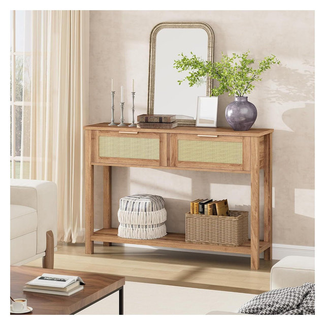 Rattan console table,console table with drawers,console table with storage,entrance console table,brown