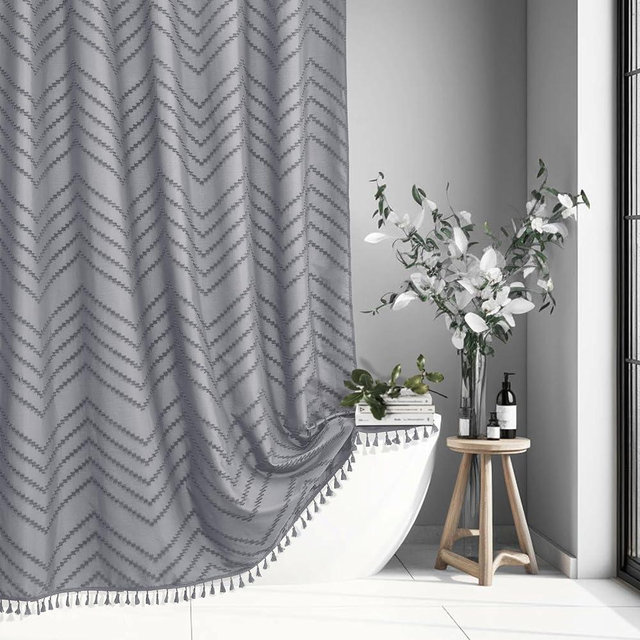 Boho Grey Shower Curtain Tassel Woven Fabric Shower Curtain 72' x 72' Modern Farmhouse Textured Tufted Chevron Striped Minimalist Bathroom Shower Curtain