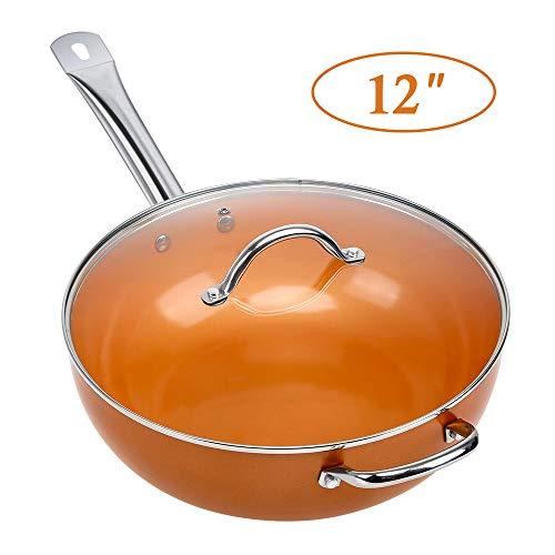 SHINEURI Nonstick Ceramic Copper 12 Inch Wok and Stir Fry Pans with Lid, Copper Skillet Deep Frying Pan with Induction Base & Stainless Steel Handle, Suitable for Cooking Saute Vegetables, Steaks