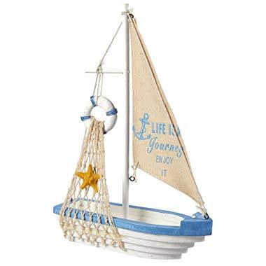 Juvale Sailboat Model Decoration - Wooden Sailing Boat Home Decor Set, Beach Nautical Design, Navy Blue and White with Lifebuoy, 12.5 x 8.25 x 3 Inches