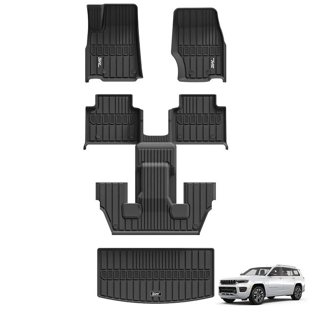 3W Floor Mats & Cargo Liner Fit for Jeep Grand Cherokee L 2021-2025 All Weather TPE Custom Fit Floor Liner for 1-3 Rows and Trunk (ONLY for 6-Passenger Without Center Console) Full Set Car Mats Black