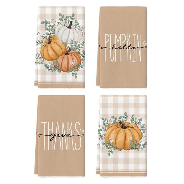 Artoid Mode Orange Eucalyptus Leaves Hello Pumpkin Fall Kitchen Towels Dish Towels, 18x26 Inch Farmhouse Give Thanks Decoration Hand Towels Set of 4