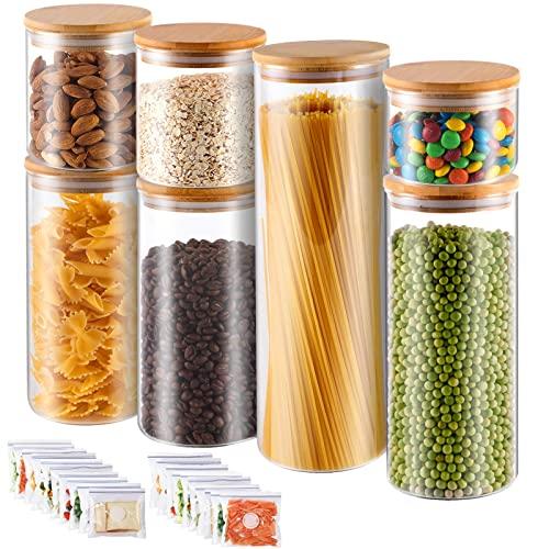Glass Food Storage Jars, Kitchen Food Container Jar With Bamboo Lids set of 7, Canisters For Serving Sugar, Cookies and Other Food Storage