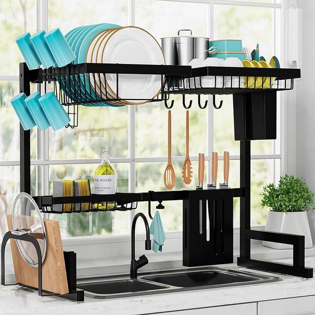 Sakugi Over The Sink Dish Drying Rack - Adjustable (29.5-35.5in) Drying Rack w/Large Capacity, Space-Saving Dish Rack for Kitchen Counter, 2-Tier Dish Drying Rack, Premium Stainless Steel Dish Rack…