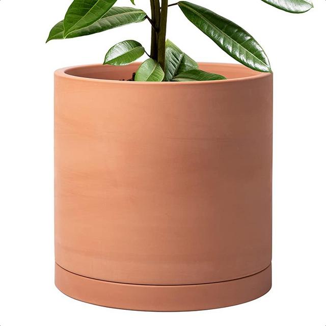 X-Large 12 Inch Terracotta Plant Pot with Drainage Hole and Saucer, Round Cylinder Planter Pot for Indoor Plants, 40-B-T-12-1