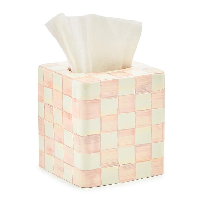 MACKENZIE-CHILDS Boutique Square Tissue-Box Cover, Tissue Holder for Home Decor, Pink-and-White Rosy Check
