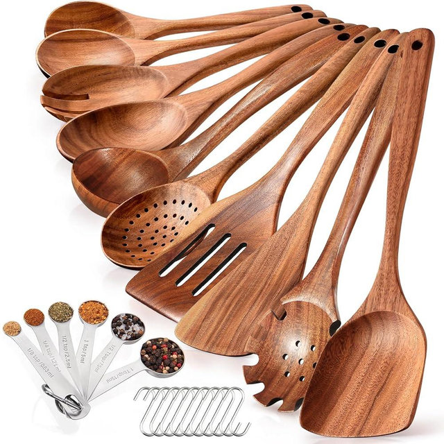 Spardar Teak Wooden Spoons for Cooking, 10PCS Cooking Utensils Set Include Slotted Spoon, Spatula, Salad Spoon, etc, with 6 Full Measuring Spoon Set, 10 Hooks, Suitable for The Kitchen Dining Room