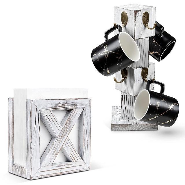 PUERSI Farmhouse Wooden Napkin Holder and Coffee Mug Holder