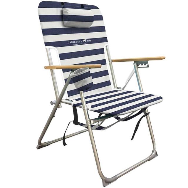 Caribbean Joe, 4 Position Folding Beach Portable Backpack Foldable Camping Chair with Headrest, Cup Holder, and Wooden Armrests, Navy/White