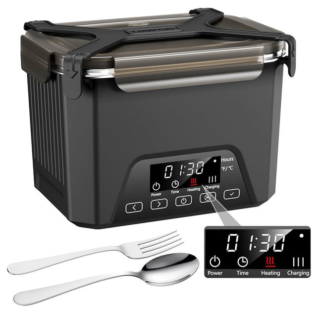 Cordless Electric Lunch Box, 1.2L Self Heating Lunch Box Battery Powered with Automatic Heating, BPA Free, Meal Prep Friendly (Black)