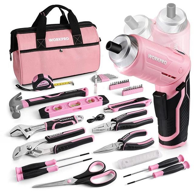 WORKPRO 53-Piece Pink Household Tool set with Electric Cordless Screwdriver, 3.7V USB Screwdriver, Basic Tool Kit Set for Women with 13'' Portable Mouth Open Tool Bag for DIY Home Repair/Maintenance.
