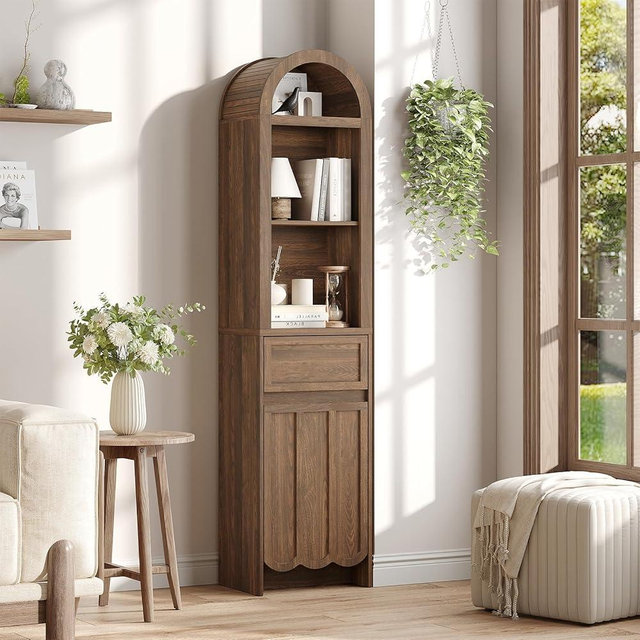 Vabches Tall Storage Cabinet with Arched Fluted Top, 67” Tall Bathroom Storage Cabinet with 2 Open Drawers and Adjustable Shelves, Space Saving Organizer for Living Room, Kitchen, Brown