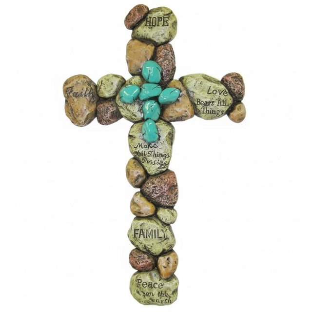 LL Home Pebble Stone Wall Cross with Blue Turquoise Center, Inspirational Christian Hanging Cross for Home Decor, Rustic Faith Cross for Living Room Bedroom Office Prayer Room