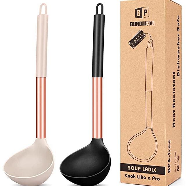 Pack of 2 Ladle Spoon,Silicone Large Spoon for Soup,Non Stick Kitchen Utensils with High Heat Resistant,BPA Free Perfect Kitchen Tools for Cooking, Stirring,Serving Soups (ROSE GOLD BLACK KHAKI)