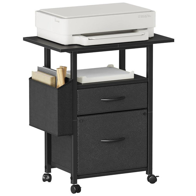 GYIIYUO 2 Drawer File Cabinet with 24'' Extended Tabletop, Mobile Filing Cabinet, Rolling Vertical File Cabinet with Side Bag, Fabric Drawer, Fits A4 Size, Home Office, Black