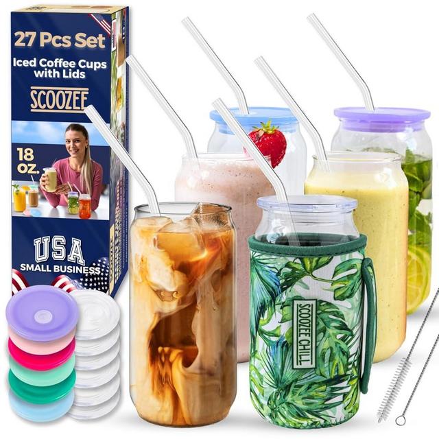 Scoozee Glass Cups with Acrylic Lids & Glass Straws [ 27 Pcs - 18 Oz], Beer Glasses, White Elephant Gifts, Iced Coffee Cups with Lids, Coffee Glass Tumblers, Housewarming Gifts New Home