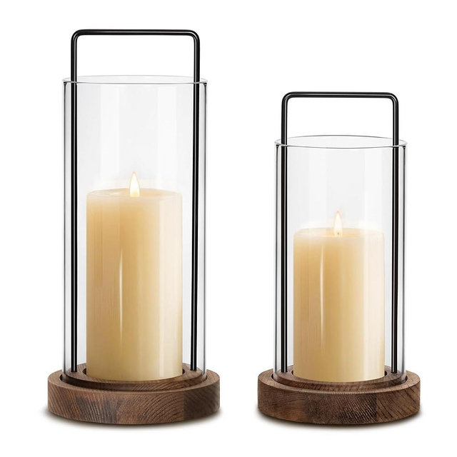 Houmury Set of 2 Brown Hurricane Candle Holders Lantern 12” & 10”with Wood Base Metal Handle Glass Cylinder Modern Farmhouse Decor for Home Decor, Table Centerpieces (Brown)