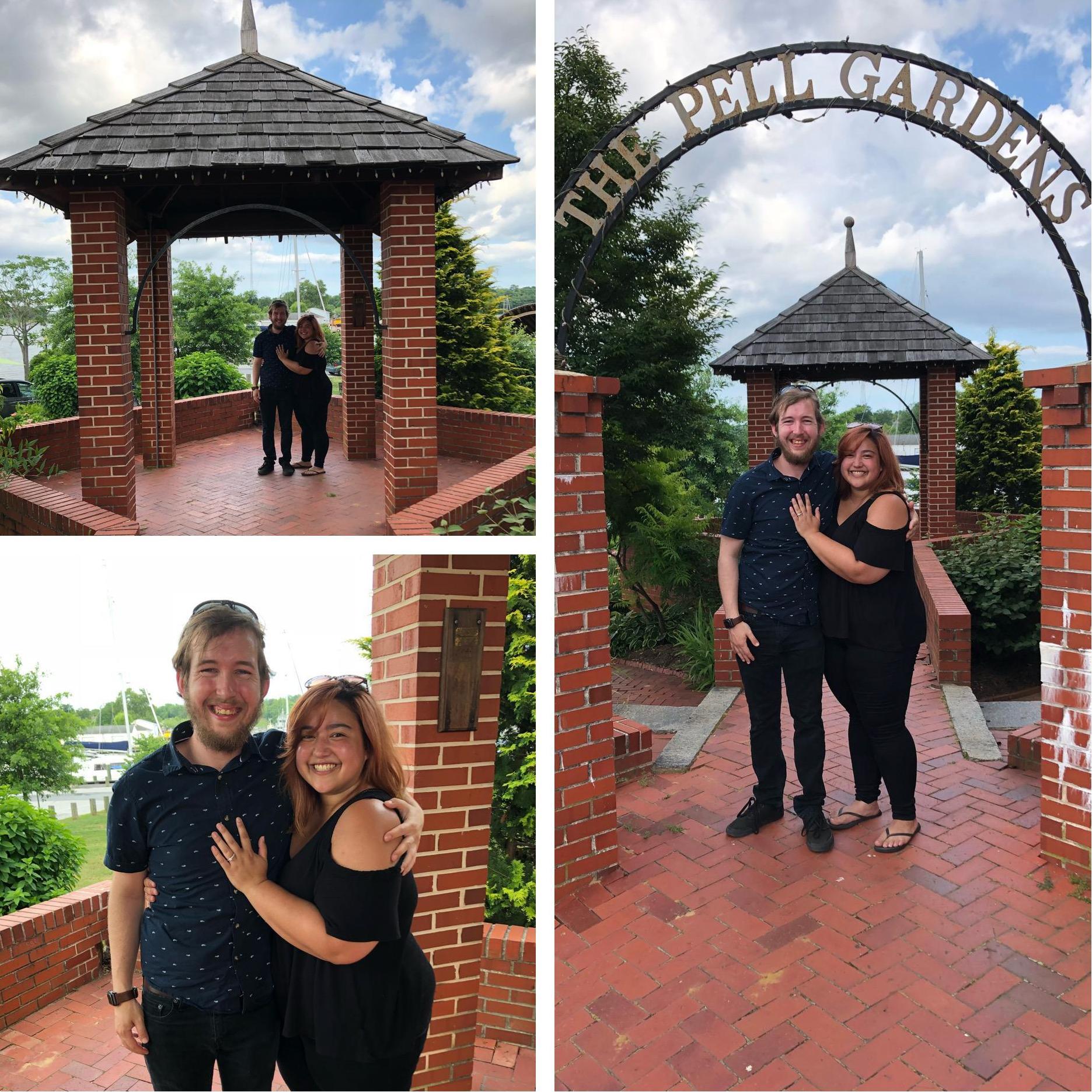 Smiling ear to ear after Jon proposes at The Pell Gardens in Chesapeake City, Maryland