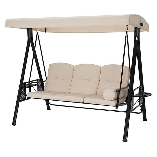 U-MAX 3-Seat Outdoor Patio Swing Chair, Swing Glider with Canopy Porch Swing, Weather Resistant Steel Frame Cup Holders Cushions, Adjustable Tilt Canopy, Beige