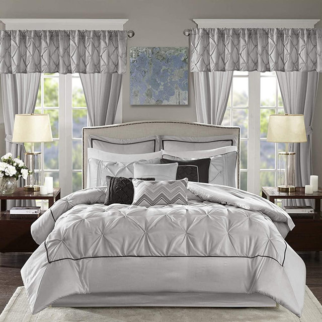 Madison Park Essentials Room in a Bag Faux Silk Comforter Set-Luxe Diamond Tufting All Season Bedding, Matching Curtains, Decorative Pillows, Queen(90"x90"), Grey