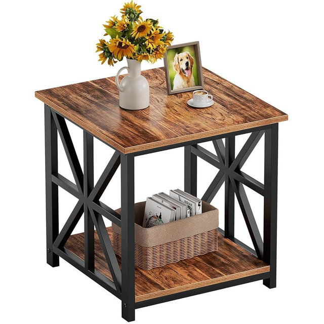 GreenForest End Table with 2-Tier Storage Shelf, 24 inch Side Table for Living Room, Modern Nightstand for Bedroom Bedside Office Farmhouse, Walnut