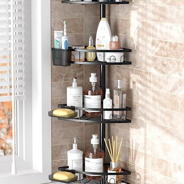 Foukus Tension Pole Shower Caddy Corner: Adjustable 4tier Bathroom Organizer Shelves - Rustproof Bathtub Shampoo Rack 43.5-120 inch