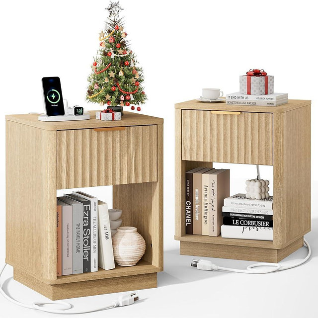 FavourLife Fluted Night Stand Set of 2 with Charging Station, 18" Bedside Table End Table with Drawer & Open Shelf, Mid Century Modern Nightstand for Bedroom Sofa Home Office, Natural Oak