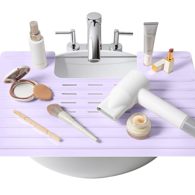 Maplefield Silicone Bathroom Sink Cover for Extra Counter Space, Heat-Resistant Sink Topper and Makeup Mat, Foldable Bathroom Space Saver, Travel-Friendly Vanity Mat, Lavender, 22 x 2 x 2 Inches