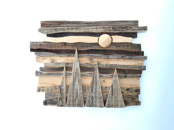4 peak mountains, wood mountains, wall art, Wall centerpiece, sun and mountains,  Wooden painting, Handmade Wood Wall Art, reclaimed wood ar