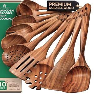 Wooden Spoons for Cooking – 10 Pcs Teak Wood Utensil Set, Durable, Nonstick Safe & Heat Resistant with Ergonomic Handles
