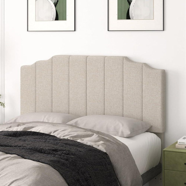 Befurtori Queen Size Headboard Only, Linen Wall Mounted Headboard Queen/Full Size for Adjustable Bed, Modern Vertical Channel Design with Curved Tufted Upholstered Head Board, Beige