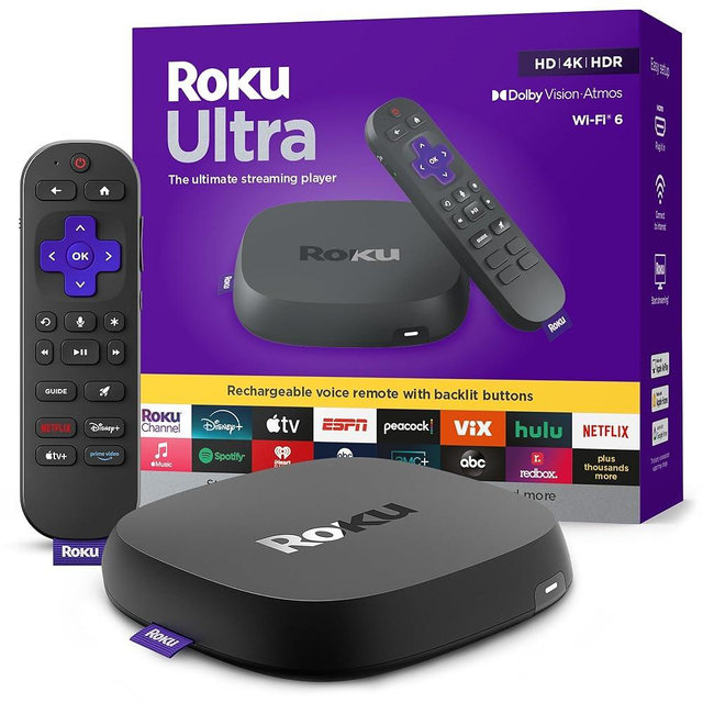 Roku Ultra 2024 (Renewed) – 4K Streaming Device with HDR10+, Dolby Vision & Atmos, Wi-Fi 6, Bluetooth, Rechargeable Voice Remote Pro with Backlit Buttons, Free & Live TV (Renewed)