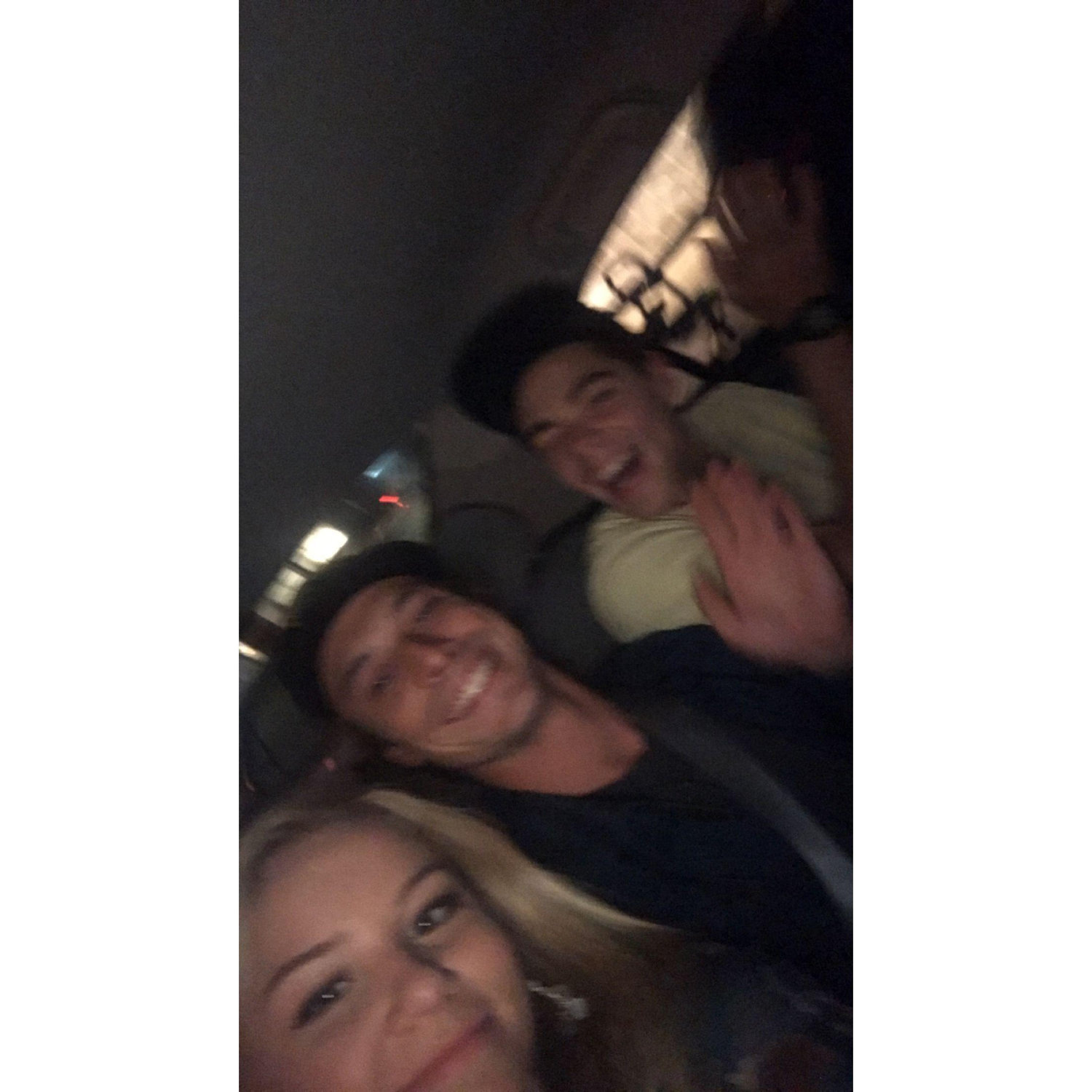 Our first photo together (+Blaise!) in the Uber on the way to PB, San Diego