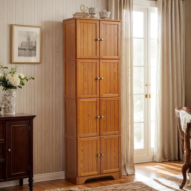 CKEASEAN Farmhouse Tall Storage Cabinet with 8 Doors, 72" H Wooden Kitchen Pantry with 4 Shelves, 4-Tier Freestanding Bookshelf, Rack for Living Room (Oak)