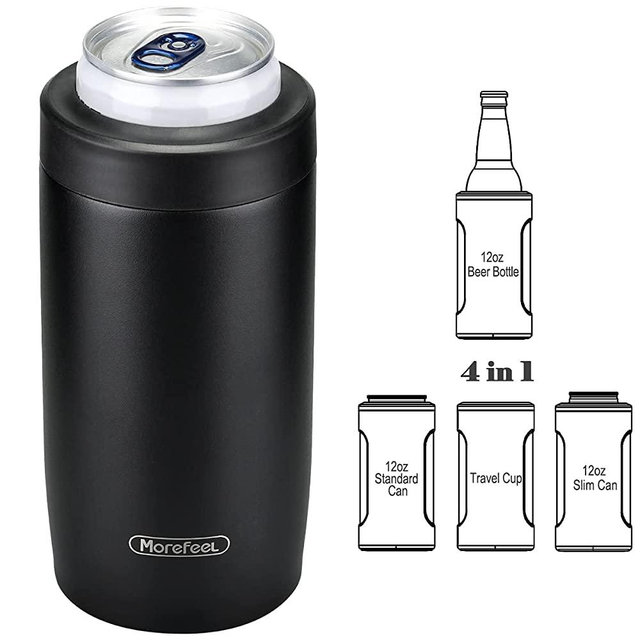 4-in-1 Skinny Can Cooler Double Wall Stainless Steel Insulated Can Holder,Can Coozie, Works With 12 Oz Slim Can,Standard Cans,Beer Bottles & As Pint Cups(Black)