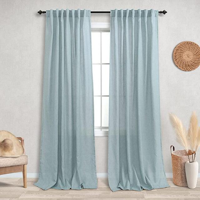 Seafoam Mint Green Linen Curtains 84 Inch Length for Coastal Farmhouse Living Room Decor 2 Panels Set Semi Sheer Light Filtering Back Tab Pocket Aqua Blue Green Curtain for Bedroom 52x84 Inches Long
