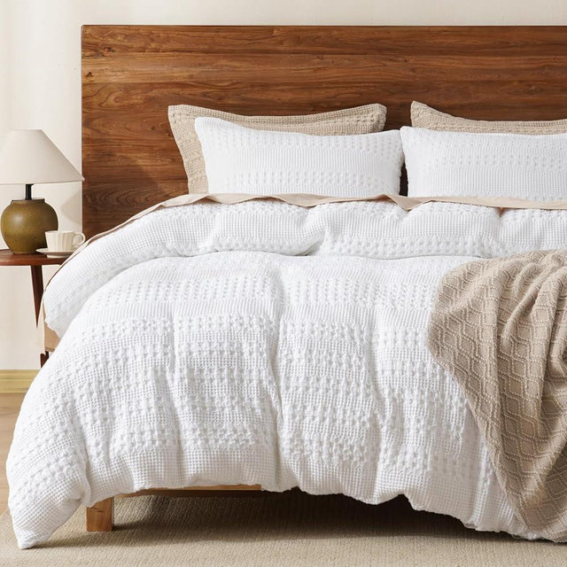 PHF 100% Cotton Waffle Duvet Cover King Size, Soft Breathable Cotton Bedding Duvet Cover Set for All Season, Waffle Weave Textured for Aesthetic Luxury Home Decor, 2 Pillow Shams, 104"x90", White