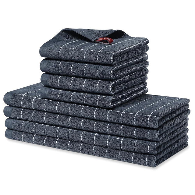 Homaxy Kitchen Towels and Dishcloths Set, 12 x 12 and 13 x 28 Inches, Set of 8 Bulk Cotton Terry Kitchen Towels Set, Checkered Designed, Soft and Super Absorbent Dish Towels, Dark Grey