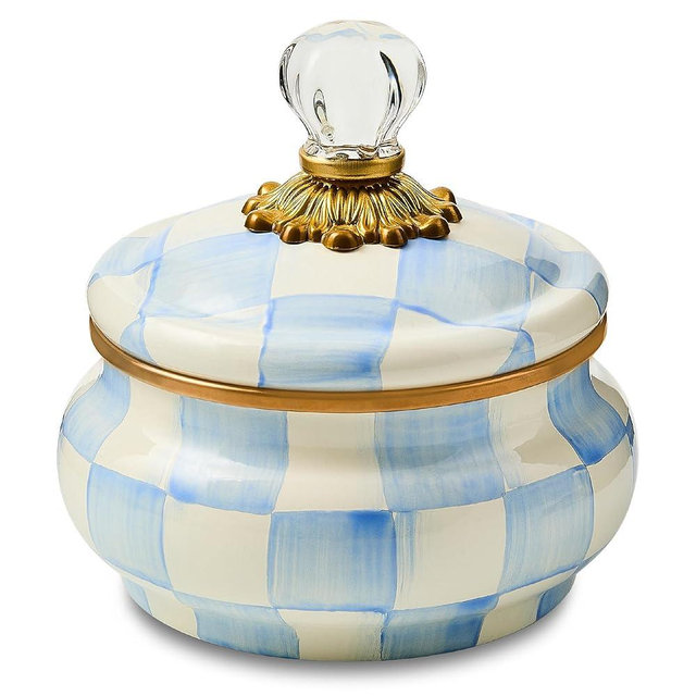 MACKENZIE-CHILDS Enamel Squashed Pot, Enamelware Storage Canister with Lid, 20-Ounce Capacity, Light-Blue-and-White Sky Check