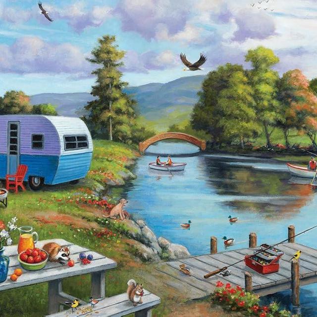 Bits and Pieces - 500 Piece Jigsaw Puzzle for Adults - 18" x 24" - Fishing on The River - 500 pc Colorful Camping Fishing Picnic Jigsaw by John Zaccheo