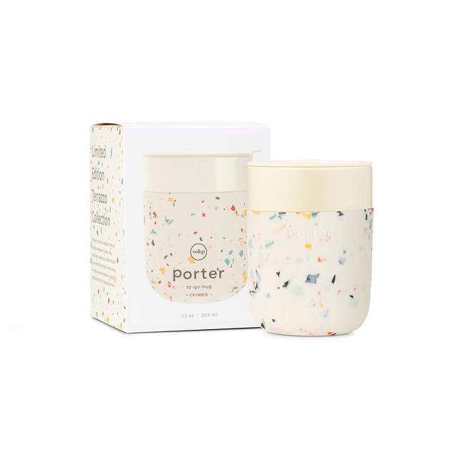 W&P Porter Ceramic Mug w/ Protective Silicone Sleeve, Cream 12 Ounces ,  On-the-Go , No Seal Tight , Reusable Cup for Coffee or Tea , Portable 