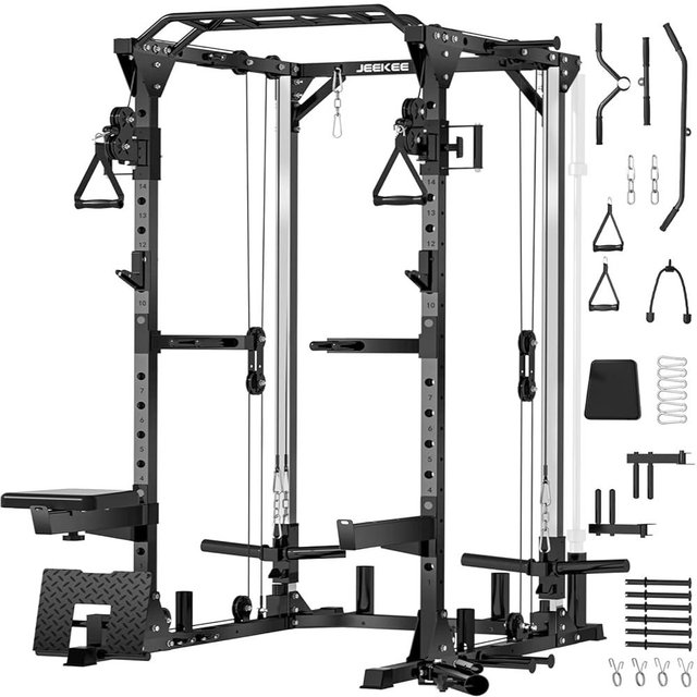 JEEKEE Power Cage,2000lbs Multi-Function Squat Rack, Power Rack with Cable Crossover System and 20+ Attachments