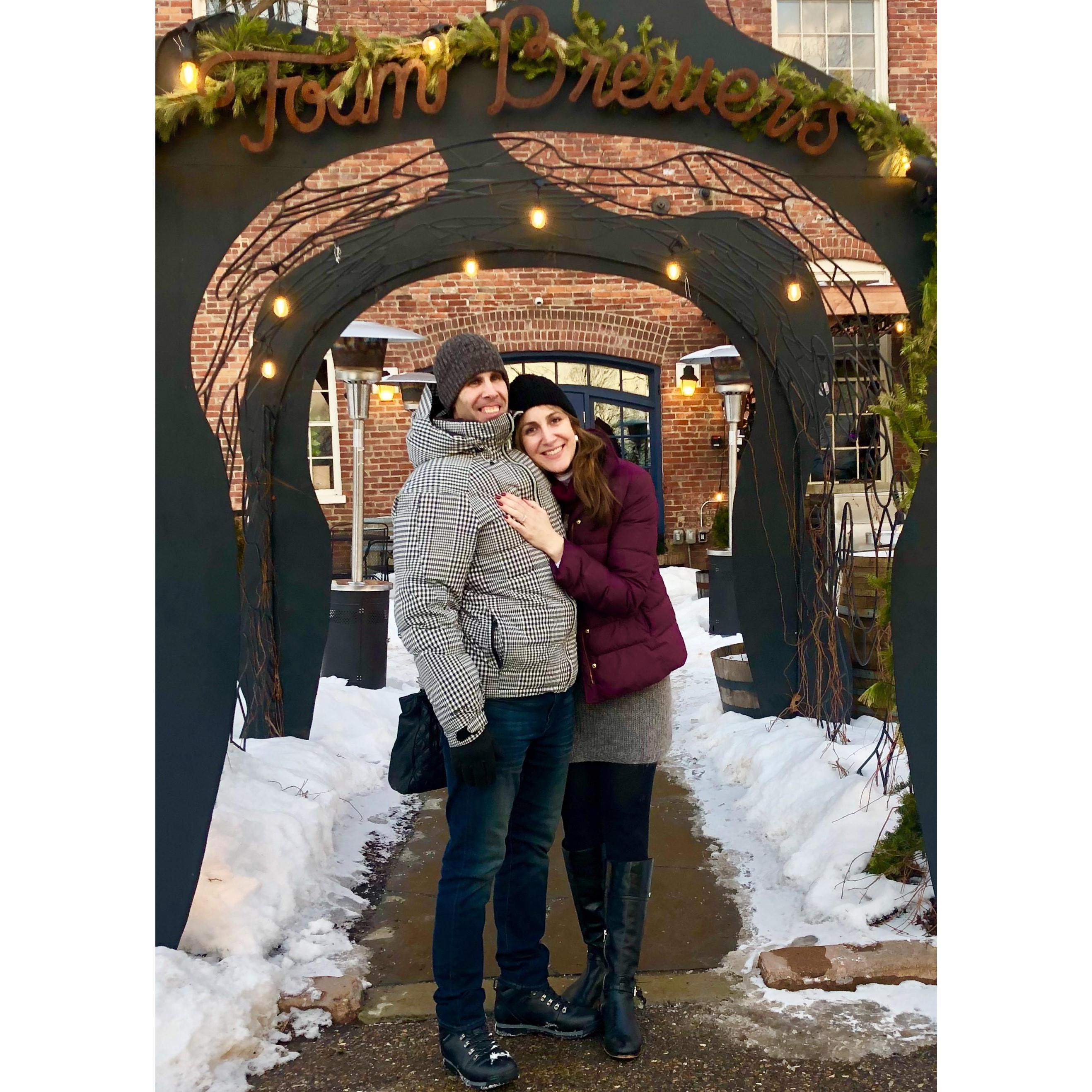 Celebration started at the Foam Brewery! Cheers to our engagement!