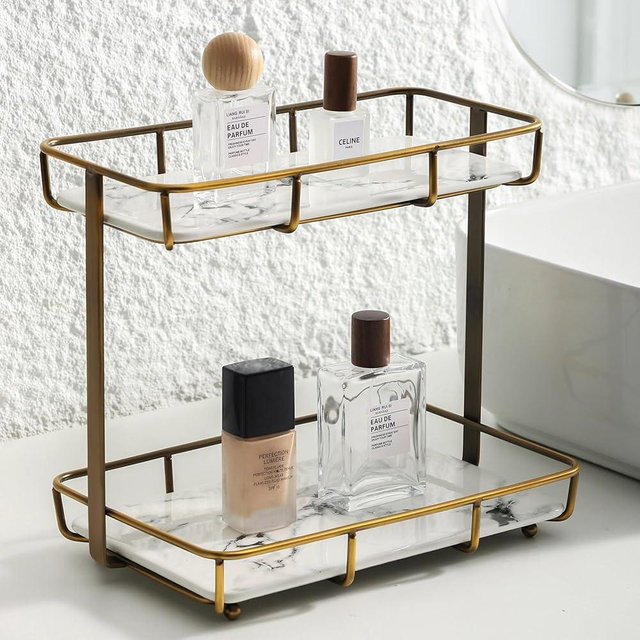 Dobbyby Bathroom Organizer Countertop Perfume Organizer Makeup Organizer Cosmetics Storage Display Rack Vanity Tray Dresser Stainless Steel Gold Shelf White Marble Ceramic Tray